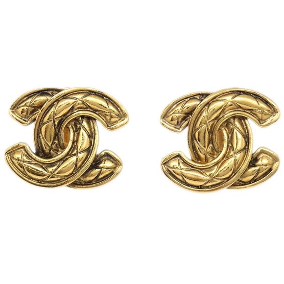 Chanel CC Quilted Earrings Clip-On Gold - Picture 1 of 8